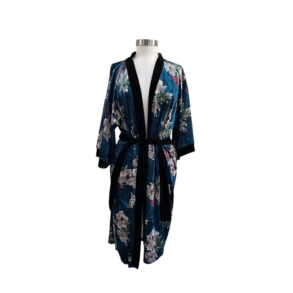 Forever 21 Blue Floral Crushed Velvet Kimono Robe Belted Boho Size M